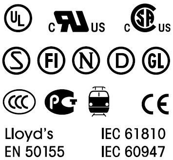 SEV, CSA, cURus, CE, GL/LR, SETI, CCC, PCT, D, FI, S, N, Seismisch, Demko, Nemko, VDE, Semko Approbationen, Zulassungen über COMAT und MULTICOMAT Relais SEV, CSA, cURus, CE, GL/LR, SETI, CCC, PCT, D, FI, S, N, Seismisch, Demko, Nemko, VDE, Semko Approbationen, Zulassungen über COMAT und MULTICOMAT Relais